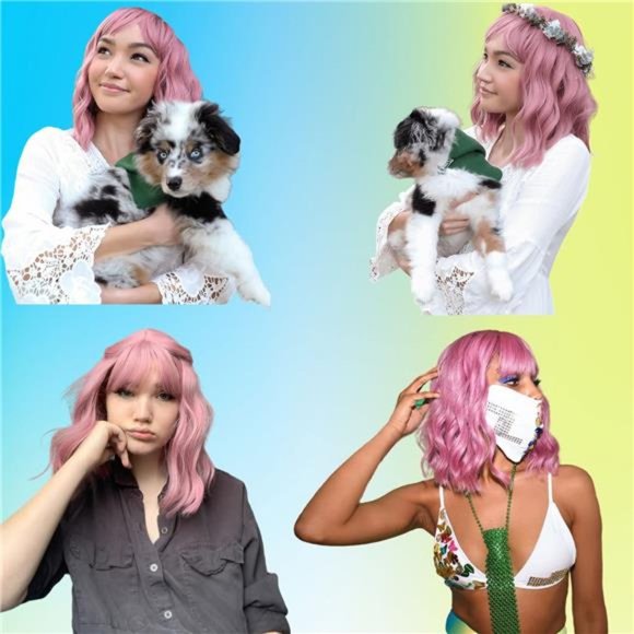 Pastel WavyWig With AirBangs Women's Short Bob Purple Pink Curly Shoulder Length - Picture 6 of 6